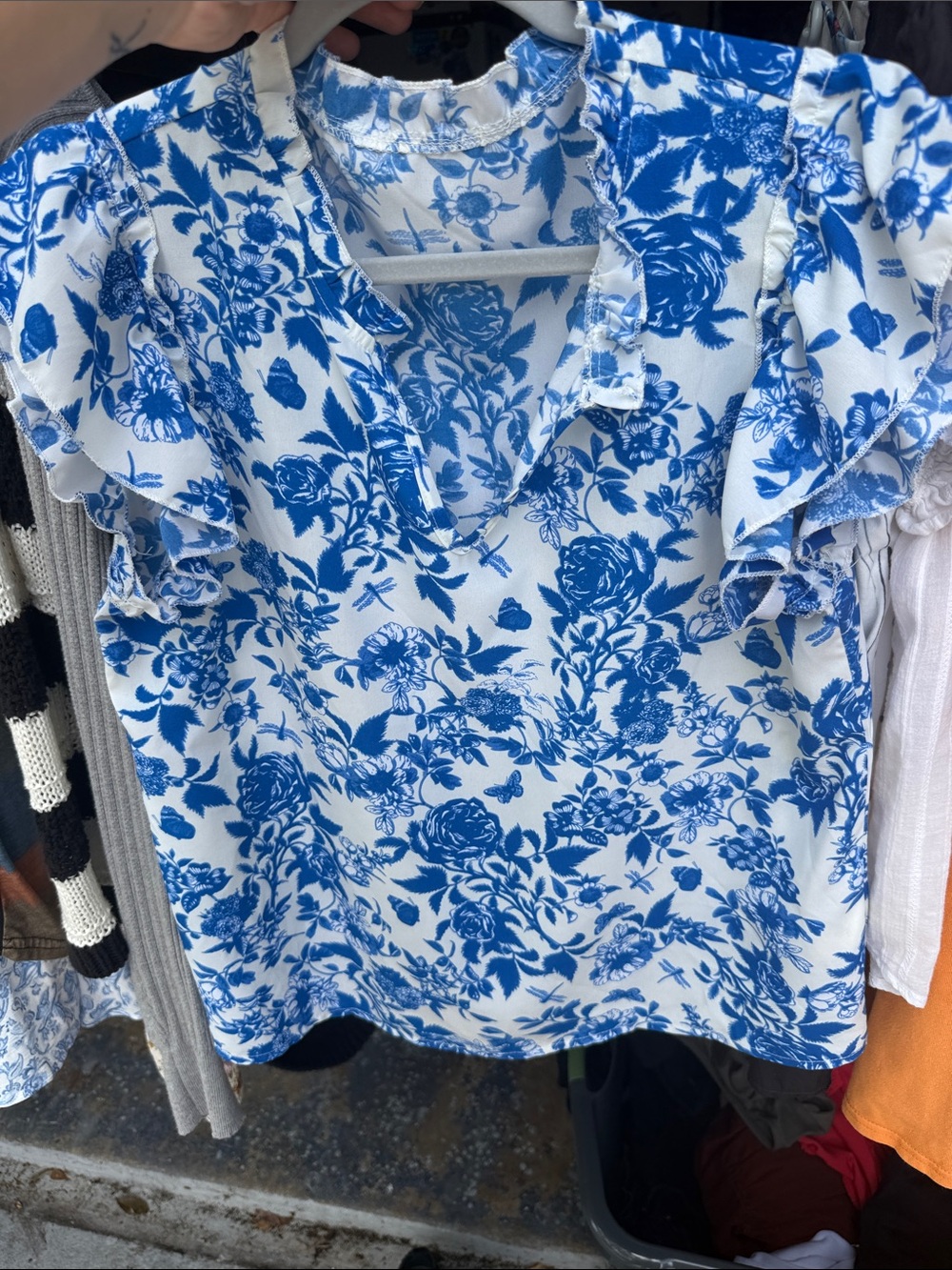 Blue Floral Ruffle Sleeve Women's Top